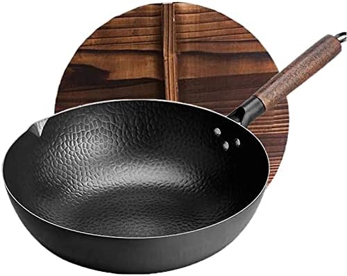 Chinese Carbon Steel Wok with Wooden Lid, Stir Fry Pan Flat Bottom Pan for Electric Stove, Induction Cooker and Gas Stove(12.5 Inch)