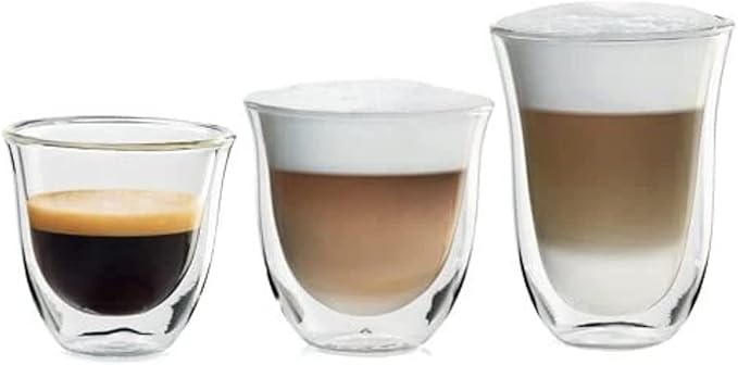 De'Longhi Fancy Collection Double Walled Thermo Espresso, Cappuccino and Latte Macchiato Glasses (Set of 6) and De'Longhi DLSC060 Stainless Steel Milk Frothing Jug
