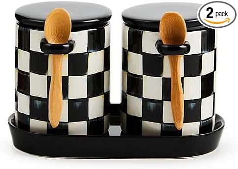MACKENZIE-CHILDS Set of 2 Farmhouse Canister, Lidded Kitchen Canister with Spoon, Black-and-White Courtly Check
