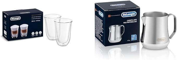 De'Longhi Stainless Steel Milk Frothing Pitcher, 12 ounce (350 ml), 12 oz & DeLonghi Double Walled Thermo Latte Glasses, Set of 2, 2 Count (Pack of 1), Clear