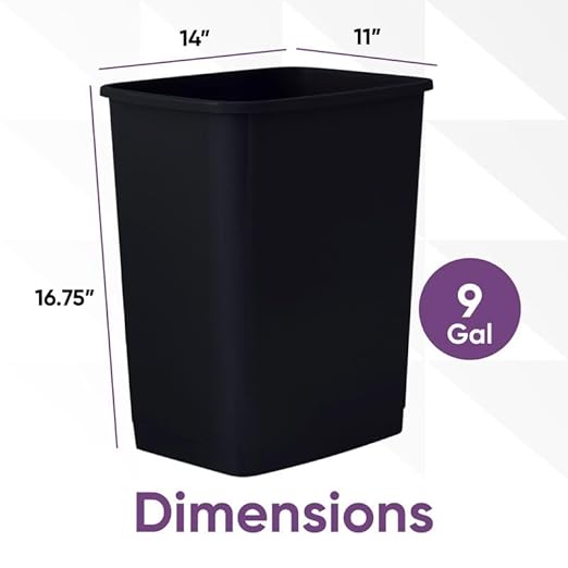 Superio Kitchen Trash Can 9 Gallon Slim Unlidded Waste Bin Only 37 Qt Durable Plastic, Fit Small Spaces, Office, Bathroom, Under Counter (Black)