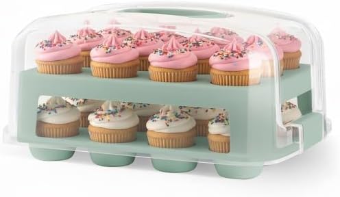 MosJos EXTRA TALL DOME 24 Cupcake Carrier, Green Cupcake Holder Carries 24 Cupcake Storage Container, Muffin Traveler Two Tier Stand Reusable Cupcake Box