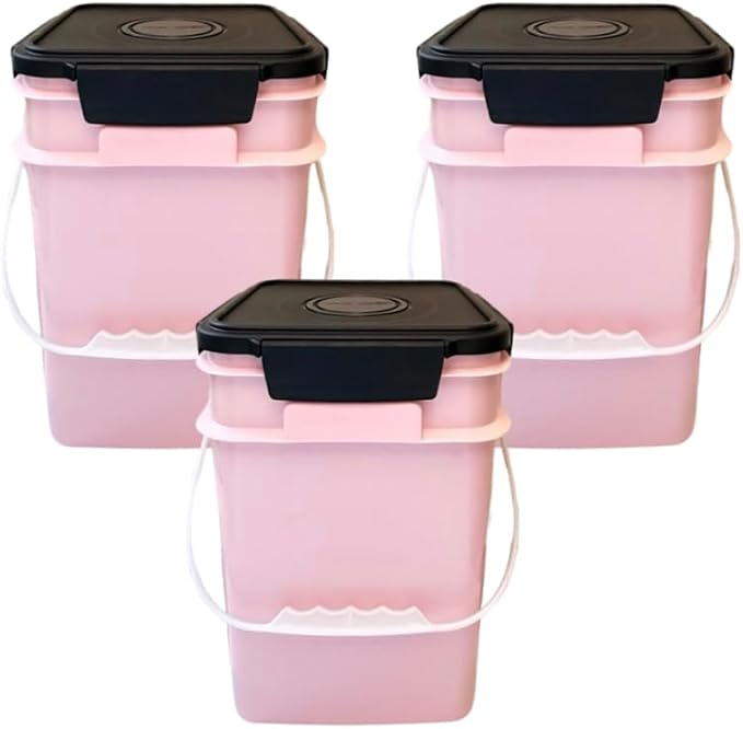House Naturals 4 Gallon Square Food Grade Bucket Pail with Plastic Handles and Lid (Pack of 3) Made in USA containers (Pink - Black lids)