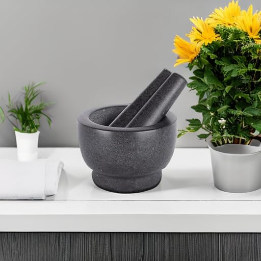 Mortar and Pestle Set,Heavy Duty,Unpolished Granite,5Inch-1.5Cup Capacity,Grinder for Spices and Seeds,Grinding,Crushing and Mashing Spices,Nuts,for Guacamole,Garlic Sauce,Black.