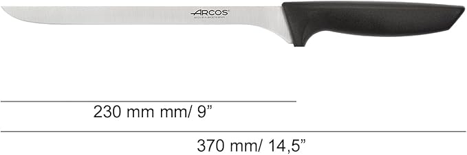 Arcos Slicing Knife/Ham Knife 9 Inch Nitrum Stainless Steel. Ergonomic Polyoxymethylene POM Black Handle. Useful utensil especially for slicing ham. Series Niza