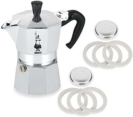 Bialetti Moka Express #06799 3-Cup Espresso Maker Machine and #06960 Bialetti, Six Replacement Gaskets and Two Bialetti Replacement Filter Plates Bundle