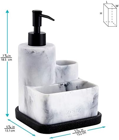 ZCCZ White Soap Dispenser with Sponge Holder, Kitchen Soap Dispenser Pump, Sponge Caddy and Brush Holder 3 in 1 Set Organizer for Sink Countertop, Removable Tray, Marble Look (Brush NOT Included)