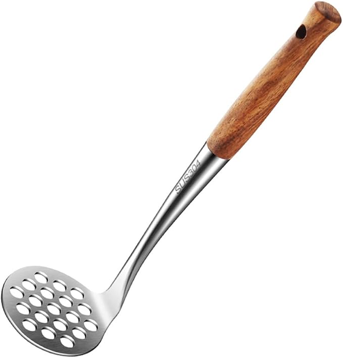 Avocado Masher Stainless Steel Small, Mini Potato Masher, Wooden Handle Potatoes Masher Kitchen Tool for Avocado, Potatoes, Beans, Vegetables, 8.7Inch Metal Mashing Utensil