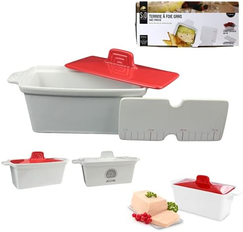 Saveur et Degustation KC2301 Foie Gras Terrine with Press, Ceramic, Red/White, 25.5 x 11 x 27 cm