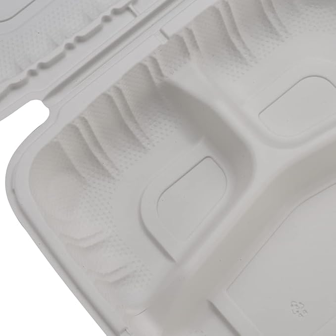 TIYA Clamshell Food Containers - 3-Compartment To-Go Containers - Microwavable Plastic with Hinged Lid - Great for Meal Prep (Bulk 150 Pack, White, 9x9 in) - BPA-Free