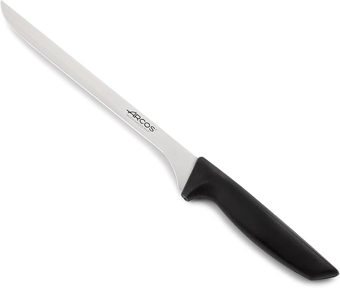 Arcos Slicing Knife/Ham Knife 9 Inch Nitrum Stainless Steel. Ergonomic Polyoxymethylene POM Black Handle. Useful utensil especially for slicing ham. Series Niza
