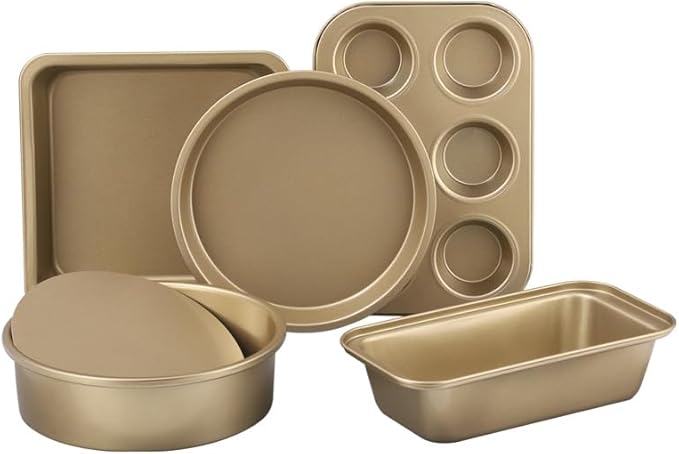 5-Piece Gold Nonstick Baking Pans Set, Carbon Steel Bakeware Includes Round Cake Pan, 6-Cup Muffin Pan, Square Pan, Pizza Pan, Loaf Pan, Complete Baking Tools for Home Baking & Gift