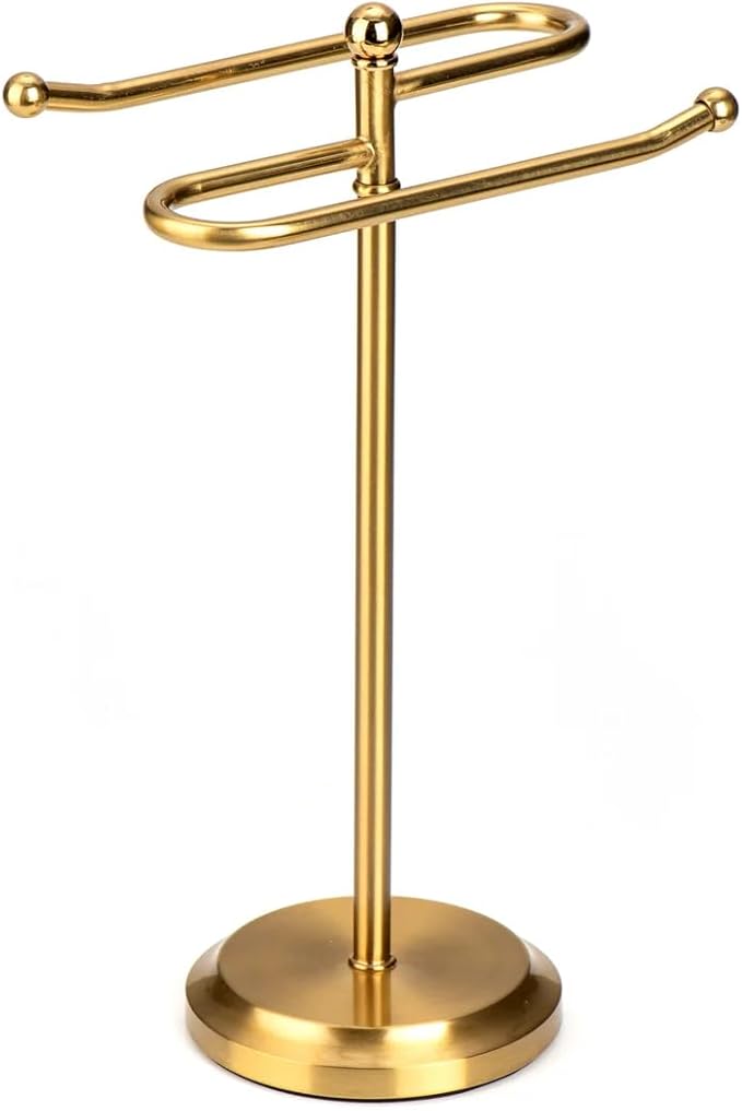 J&V TEXTILES Classical Steel Towel Rack Holder Stand with 2 Hanging Rings for Bathroom Vanity Countertops - Space Saving Hand Towel Holder (Aged Brass)