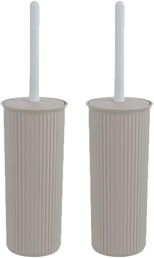 Decorative Plastic Toilet Bowl Brush and Holder Set, Taupe (2 Pack) Cleaner Scrubber for Bathroom - Ribbed Design