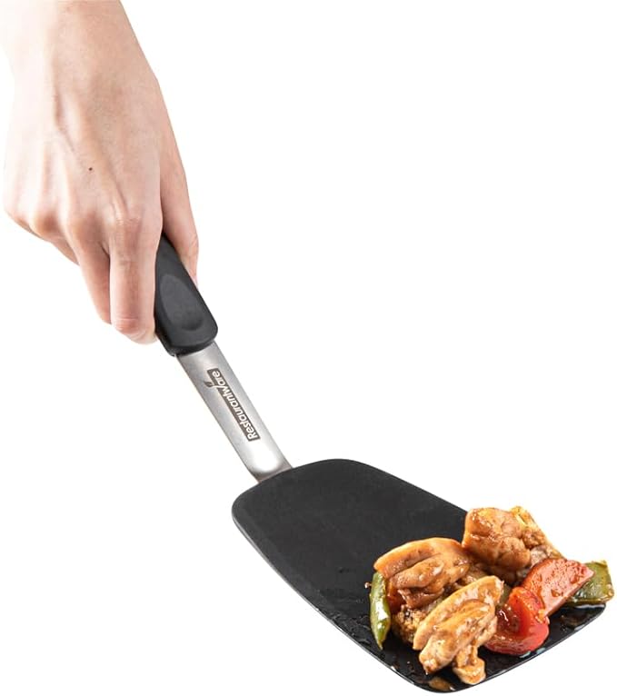 Comfy Grip 13.3 x 4 Inch Silicone Turner, 1 Durable Cooking Turner - Stainless Steel Body, Rubber Handle with Hole, Black Silicone Flipper Spatula, Tolerates up to 446F, Dishwashable - Restaurantware