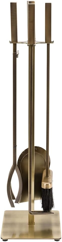 Modern Ember Harriet 5 Piece Fireplace Tool Set in Aged Brass | Includes Brush, Shovel, Fire Poker, Tongs, and Stand | Heavy-Duty Steel | Heat-Resistant Powder Coating Finish