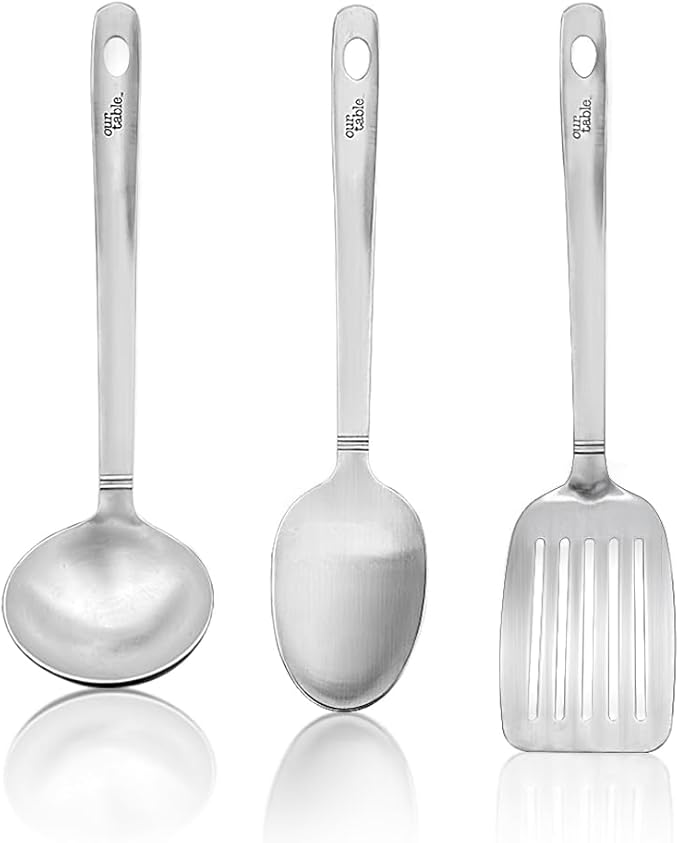 Our Table 3 Pieces Cook & Serve Stainless-Steel Utensils Set,Kitchen Soup Ladle,Cooking Spoon,Slotted Turner Spatula for Serving Your Favorite Meals