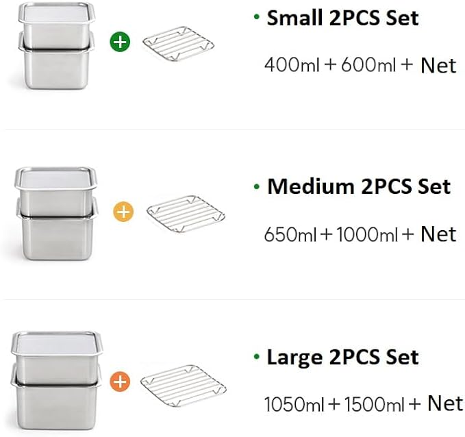 CuBE Large 2PCS Set 1500ml 1050ml Stainless Steel Food Storage Containers With Lids and a Net Kitchen Appliances Dishwasher Safe Premium South Korea