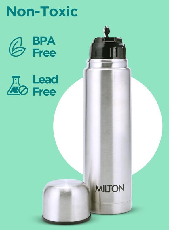 Milton Vacuum Flask for Hot Drink 1 litre (34 oz), Stainless Steel Double Walled Insulated Water Bottle for 24 Hour Hot and Cold drinks with cover, Leak proof, Thermosteel Flip Lid 1000 ml Set of -2