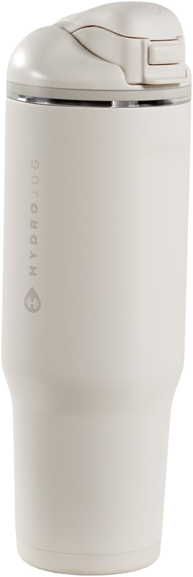 HydroJug Ease2o Water Bottle with Straw & Chug Lid, Stainless Steel, Vented Cap to Help Reduce Pressure, Water-Level Window, Cup Holder Friendly, Non-Slip Base – 40oz, Linen