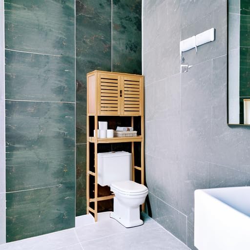 SMIBUY Bathroom Over The Toilet Storage Cabinet, 2 Door Bamboo Cabinet Organizer, Freestanding Space Saver Toilet Rack with Adjustable Inside Shelf and Open Shelf (Natural)