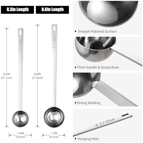 Doosu 18/8 Stainless Steel Food-Grade Measuring Coffee Scoop with 6.9in Long Handle (1 & 2 Tbsp) and 600°F Heat Resistant Mini Food-Grade Silicone Bowl Scraper (Aqua Sky)