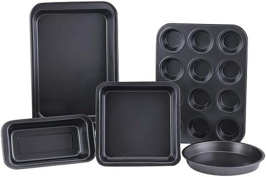 5-Piece Nonstick Bakeware Set, Heavy Duty Carbon Steel Baking Pans for Oven, Includes Baking Sheet, Muffin Pan, Loaf Pan, Round & Square Cake Pans, Professional Grade Heat Resistant, Black