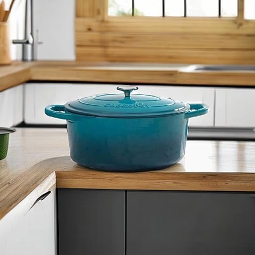 Crock-Pot Artisan 5-Quart Round Enameled Cast Iron Dutch Oven – Teal Ombre, Durable Heavy-Duty Cookware for Slow Cooking, Roasting, Baking with Lid
