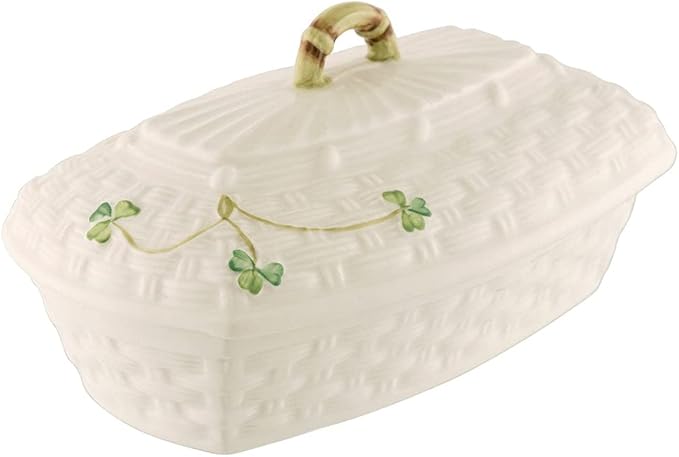 Belleek Classic Shamrock Butter Dish, Handcrafted Hand Painted Irish Porcelain Covered Butter Keeper, 3.9-Inch H x 7.1-Inch L x 3.9-Inch W
