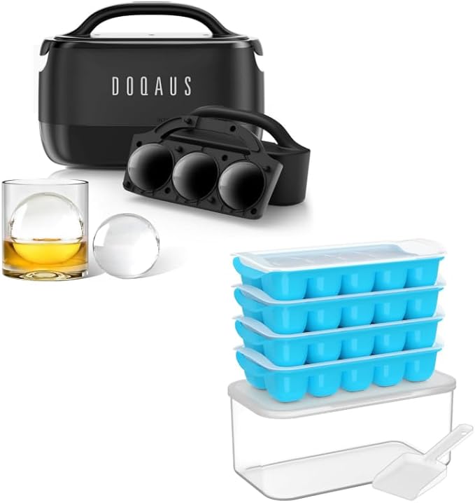 DOQAUS 2.5 Inch Clear Ice Ball Maker & 4 Pack Ice Cube Trays with Bin
