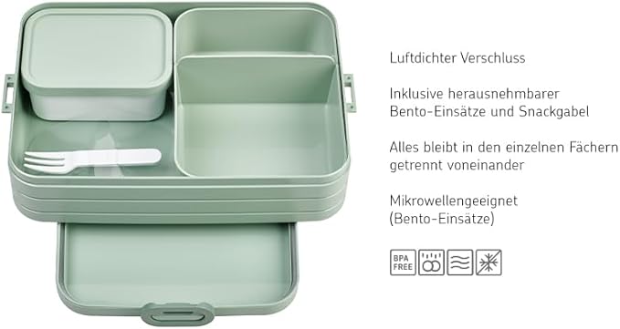 Mepal Bento Box Large - Lunch Box with Bento Box - for 4 Sandwiches or 8 Slices of Bread - Lunch Box for Sandwiches, Small Snacks & Left Overs - Lunch Box Adults - Nordic sage