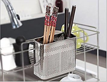 Kitchen Utensils Chopsticks Holder Stainless Steel Perforated Drying Rack Basket with Hooks 2 Divided Compartments Large