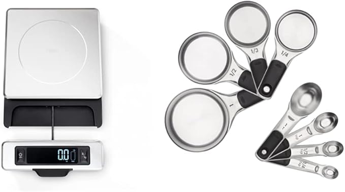 OXO Good Grips 11-Pound Stainless Steel Food Scale with Pull-Out Display & Good Grips 8 Piece Stainless Steel Measuring Cups and Spoons Set