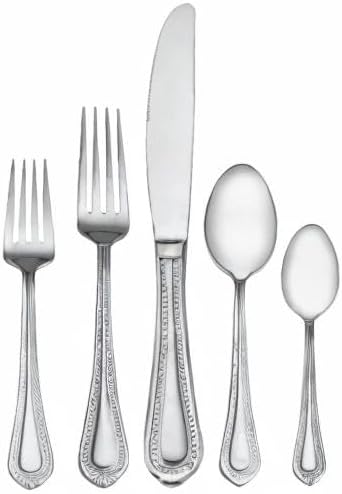Mikasa Regent Bead 65-Piece Silverware Set, 18/10 Stainless Steel Flatware Service for 12, Includes 5 Serving Tools, Dishwasher Safe Polished Cutlery