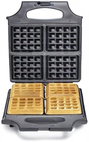 bella Waffle Iron - 4 Square Belgian Waffle Maker, Non-stick Extra Large Plates for Easy Cleanup - Compact Design, Stainless Steel, Black, 1400W