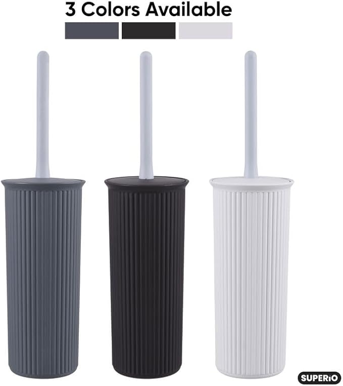 Decorative Plastic Toilet Bowl Brush and Holder Set, Grey (2 Pack) Cleaner Scrubber for Bathroom - Ribbed Design