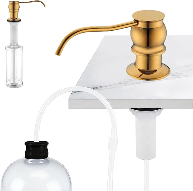 Brass Kitchen Soap Dispenser,Gold in Sink Liquid Dish Soap Dispenser, Under Sink Hand Metal Dispenser Pump, 47.2" Silicone Long Tube for 0.79 "- 1.38" Bottle Mouths