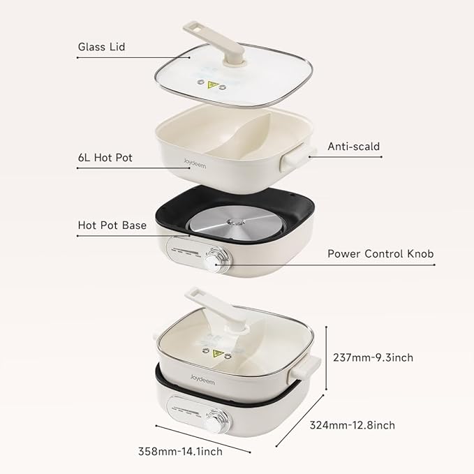 Joydeem Electric Hot Pot with Divider, 6L/6.3 qt Double-Flavor Shabu Shabu Pot, UL Listed & Boil-dry Protection, Suitable for 2-6 People, DHG-B600