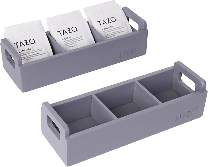 HTB Slim Tea Bag Organizer 2pcs, Grey 3 Compartments Tea Box Wooden with Handle for Small Space, Wood Tea Organizer for Tea Bags