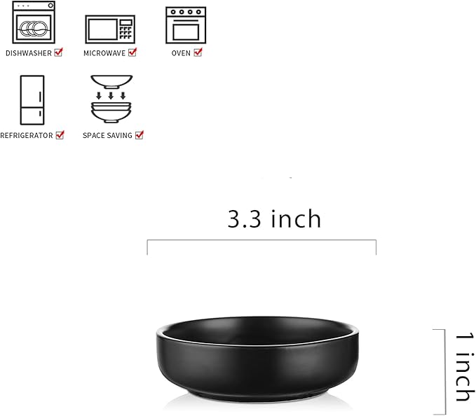 Selamica Ceramic 3.3 Inch Soy Sauce Dish Dipping Bowls Side Dishes Small Appetizer Pinch Bowls for Condiments, Sushi, Ketchup, BBQ-Set of 6(Matte Black)