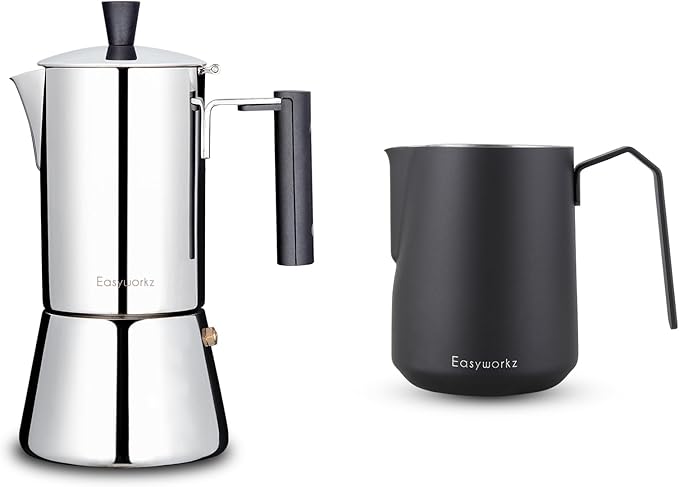 Easyworkz Pedro Stovetop Espresso Maker 6Cup 300ml, Bundled Espresso Steaming Pitcher Stainless Steel 20 oz Coffee Frothing Picther Milk Jug Cappuccino Latte Art Cup, Black