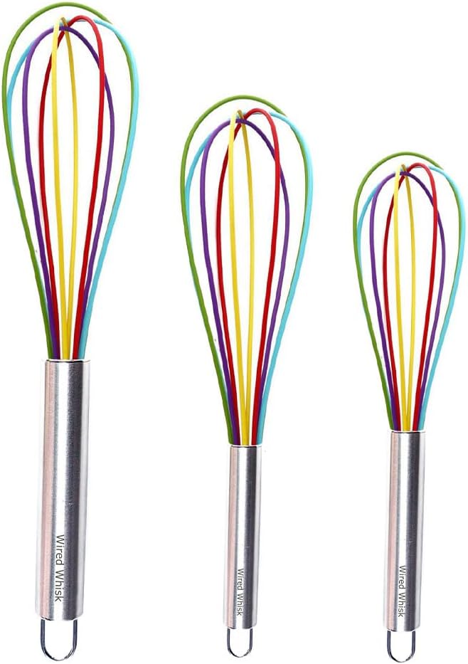 Silicone Whisk Set - Non-Scratch Set of 3 - Mini & Small Sizes - Stainless Steel Whisk - Cookware Wisking Tool