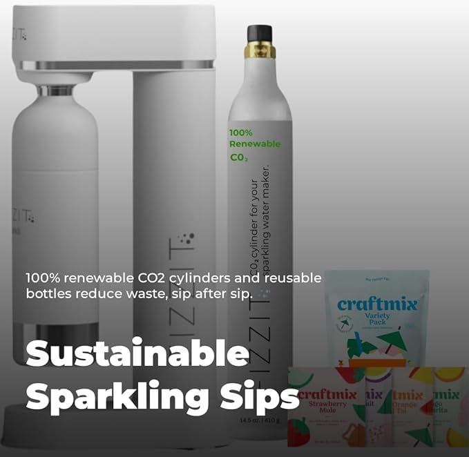 Fizzit Stainless Steel Sparkling Water Maker Bundle | Includes Soda Maker, CO2 Cylinder, & 12-Flavor Variety Pack | Customizable Carbonated Water Machine, Reusable bottle & Eco-Friendly