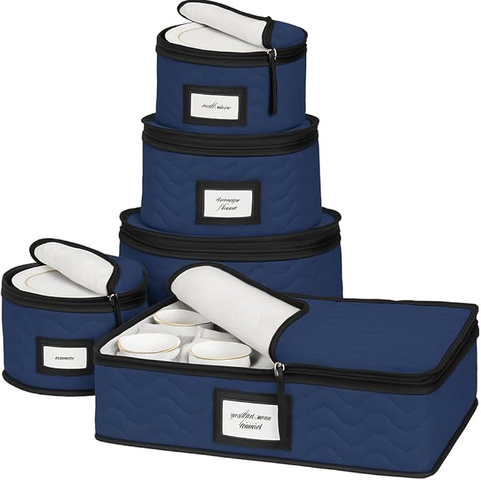 China Storage Containers 5-Piece Set Moving Boxes for Dinnerware, Glasses, Plates, Mugs and Saucers Sturdy Quilted Microfiber Dish Organizer with Dividers for Seasonal Storage - Holds Set of 12, blue