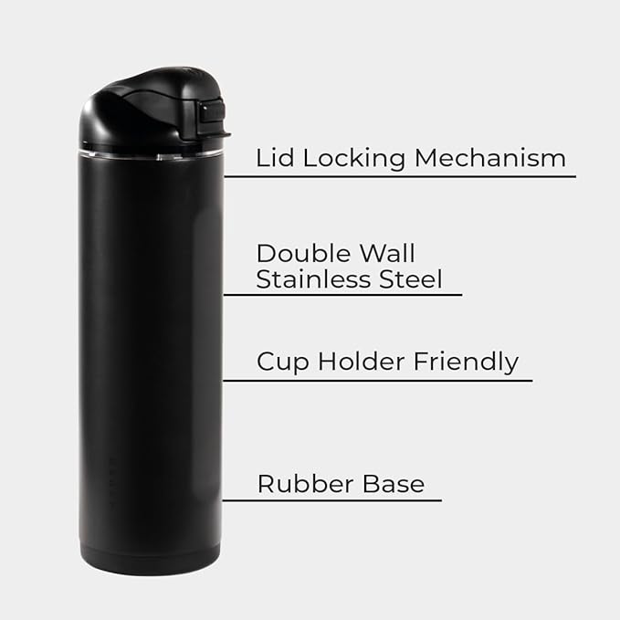 HydroJug Ease2o Water Bottle with Straw & Chug Lid, Stainless Steel, Vented Cap to Help Reduce Pressure, Water-Level Window, Cup Holder Friendly, Non-Slip Base – 24oz, Black