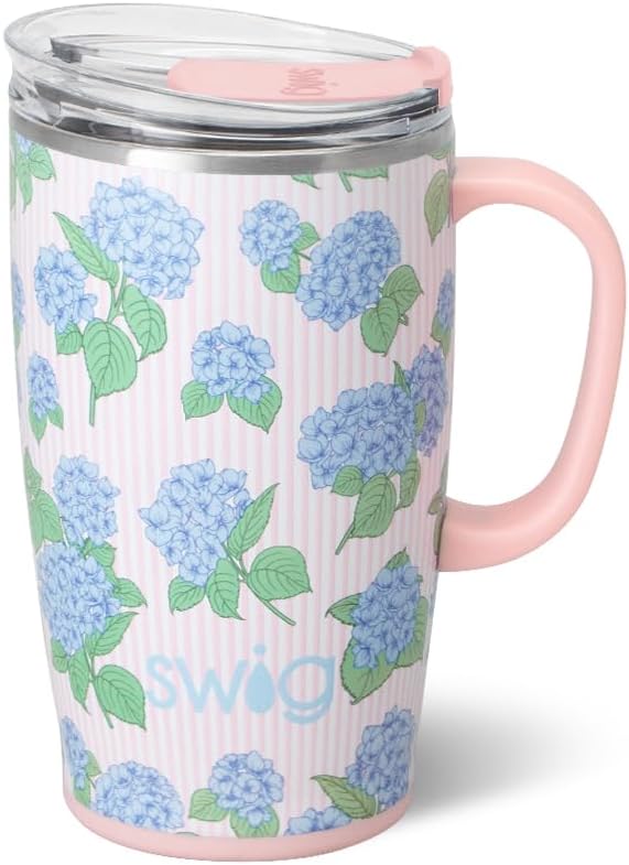 Swig Life 18oz Travel Mug, Insulated Tumbler with Handle and Lid, Travel Coffee Mug, Cup Holder Friendly, Stainless Steel 18 oz Tumbler, Reusable Insulated with Lid (Hydrangeas)
