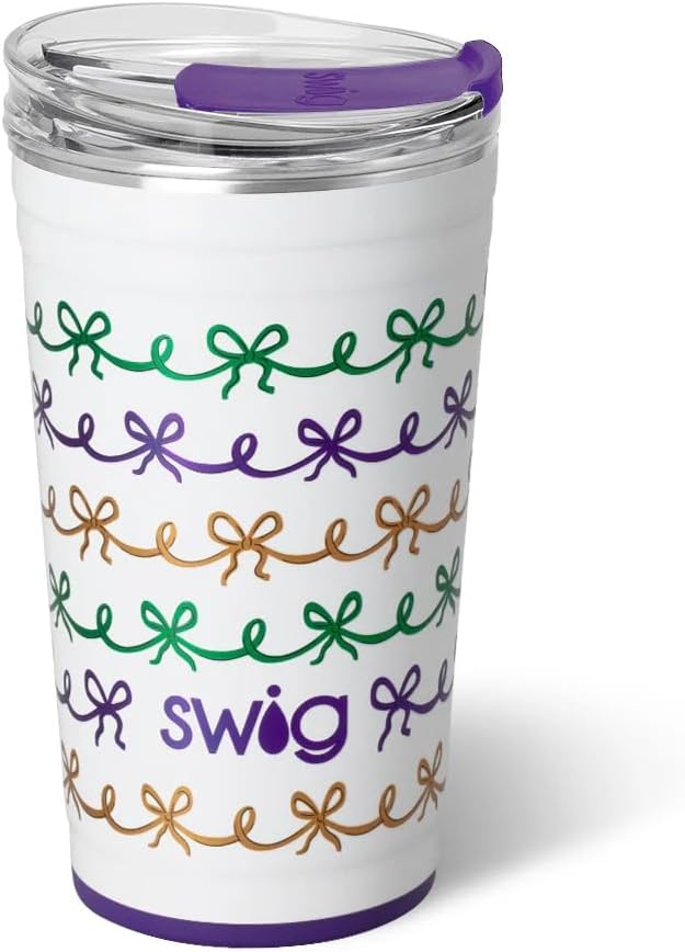 Swig Life 24oz Party Cup, Stackable Insulated Travel Coffee Tumbler with EZ Slider Lid, Cup Holder Friendly Travel, Stainless Steel 24 oz Tumbler, Reusable Mug (Mardi Gras Bows)