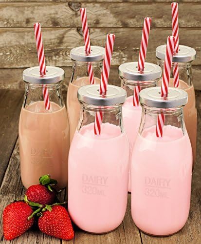 Estilo Glass Milk Bottle with Lid - Milk Glass - Reusable Glass Bottle for Dairy Milk With Straws & Metal Screw On Lids, 10.5 Ounce, Clear, Set of 7