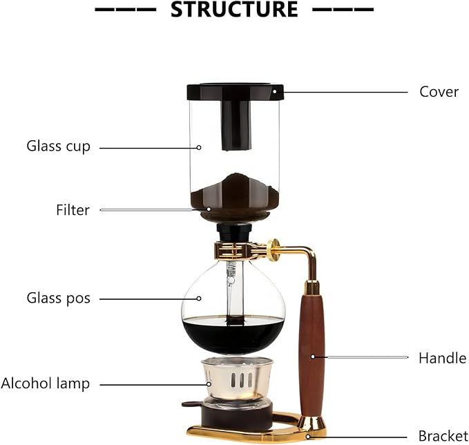 Siphon Coffee Maker, Heat-Resistant Glass Vacuum Coffee Brewer 5-Cup (600ml) with Alcohol Burner, Adjustable Buffer Clamp, Stainless Steel Bracket Base for Coffee Aficionados