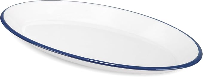 Red Co. Enamelware Metal Classic 13" Serving Oval Tray Platter, Solid White/Navy Blue Rim